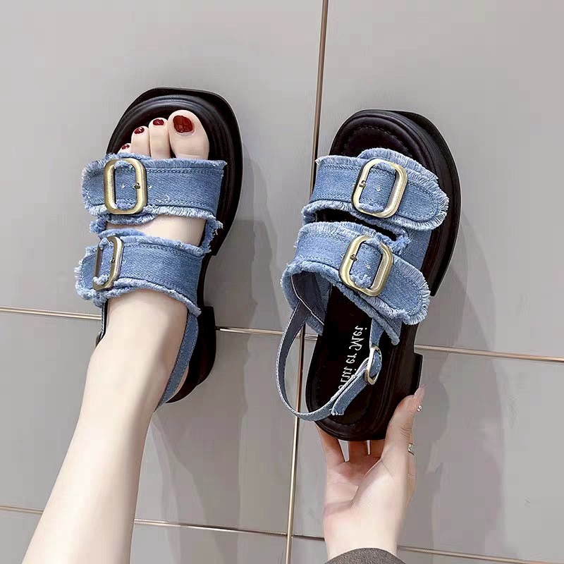 大尺碼42 厚底 增高 牛仔 毛邊 雙扣 露趾 涼鞋 後帶 女鞋 ins風 韓系 百搭 休閒 軟底 防滑 夏季 322-細節圖6