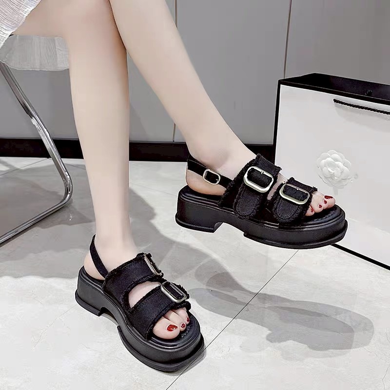 大尺碼42 厚底 增高 牛仔 毛邊 雙扣 露趾 涼鞋 後帶 女鞋 ins風 韓系 百搭 休閒 軟底 防滑 夏季 322-細節圖9