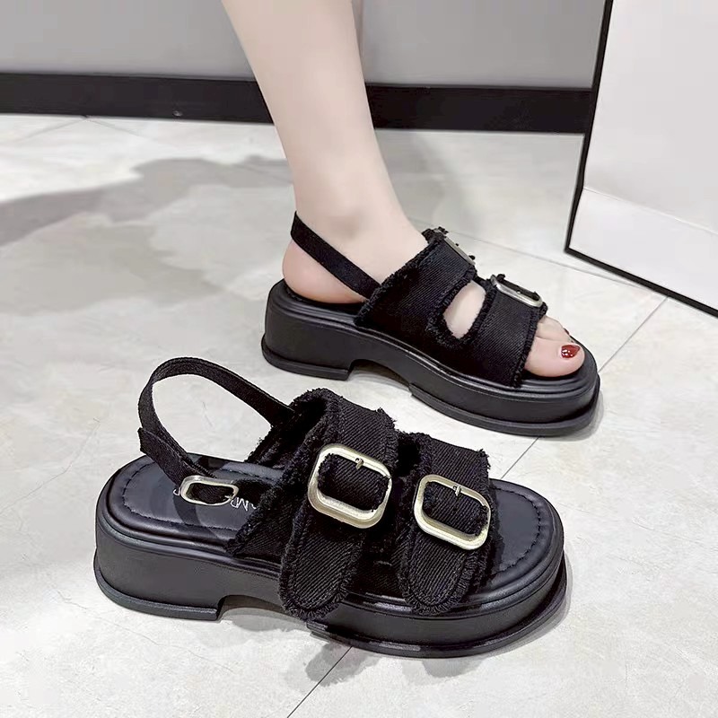 大尺碼42 厚底 增高 牛仔 毛邊 雙扣 露趾 涼鞋 後帶 女鞋 ins風 韓系 百搭 休閒 軟底 防滑 夏季 322-細節圖10