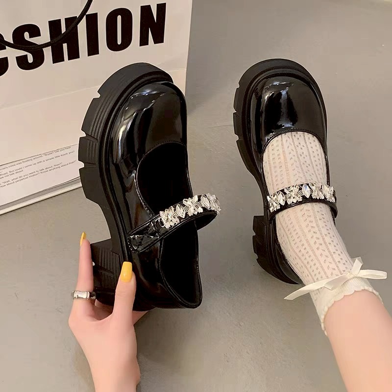 厚底 增高 瑪莉珍 水鑽 亮面 漆皮 方頭 女鞋 學生 可愛 日系 lolita JK ins風 韓系 百搭 KL626-細節圖4