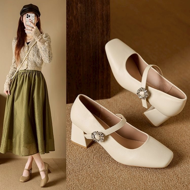 瑪莉珍 方頭 粗跟 水鑽扣 壓紋 軟皮 女鞋 法式 優雅 OL 通勤 百搭 增高 穩跟 約會 秋冬 舞會 復古 2557-細節圖2