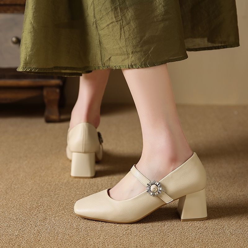 瑪莉珍 方頭 粗跟 水鑽扣 壓紋 軟皮 女鞋 法式 優雅 OL 通勤 百搭 增高 穩跟 約會 秋冬 舞會 復古 2557-細節圖3