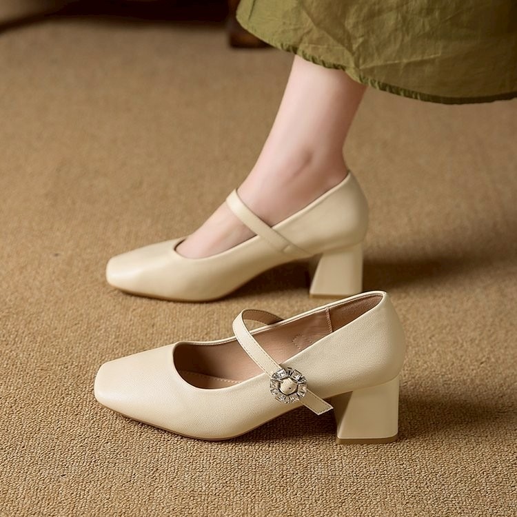 瑪莉珍 方頭 粗跟 水鑽扣 壓紋 軟皮 女鞋 法式 優雅 OL 通勤 百搭 增高 穩跟 約會 秋冬 舞會 復古 2557-細節圖4