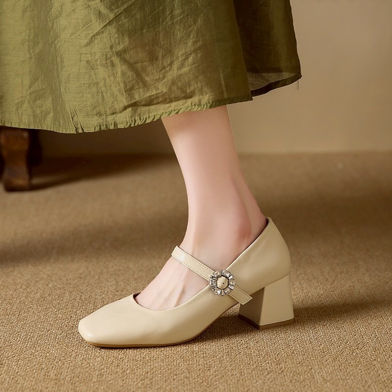 瑪莉珍 方頭 粗跟 水鑽扣 壓紋 軟皮 女鞋 法式 優雅 OL 通勤 百搭 增高 穩跟 約會 秋冬 舞會 復古 2557-細節圖5