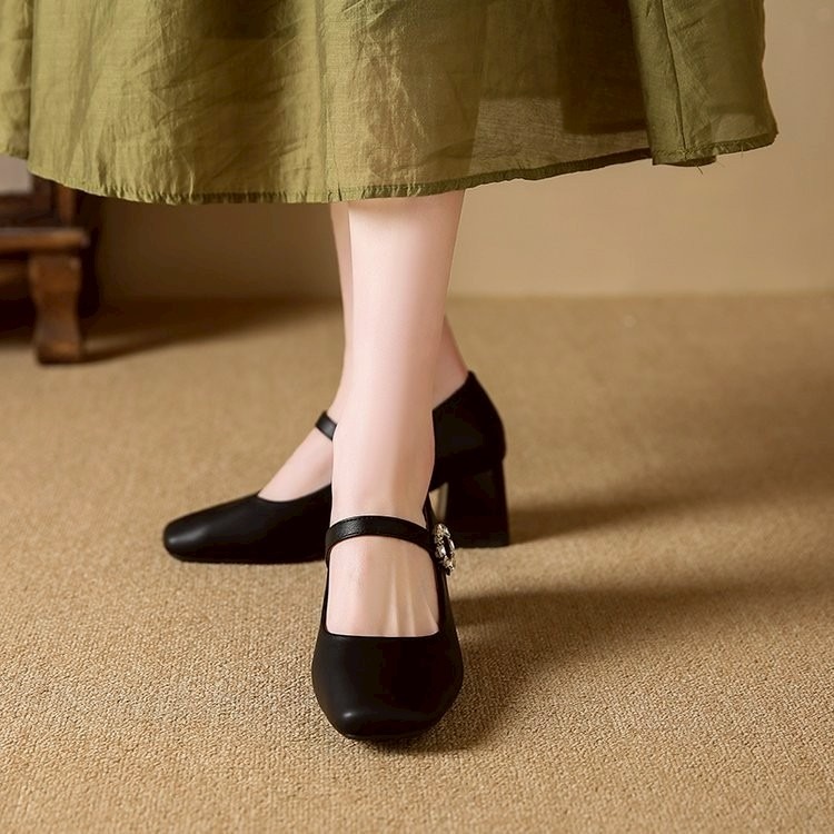 瑪莉珍 方頭 粗跟 水鑽扣 壓紋 軟皮 女鞋 法式 優雅 OL 通勤 百搭 增高 穩跟 約會 秋冬 舞會 復古 2557-細節圖7