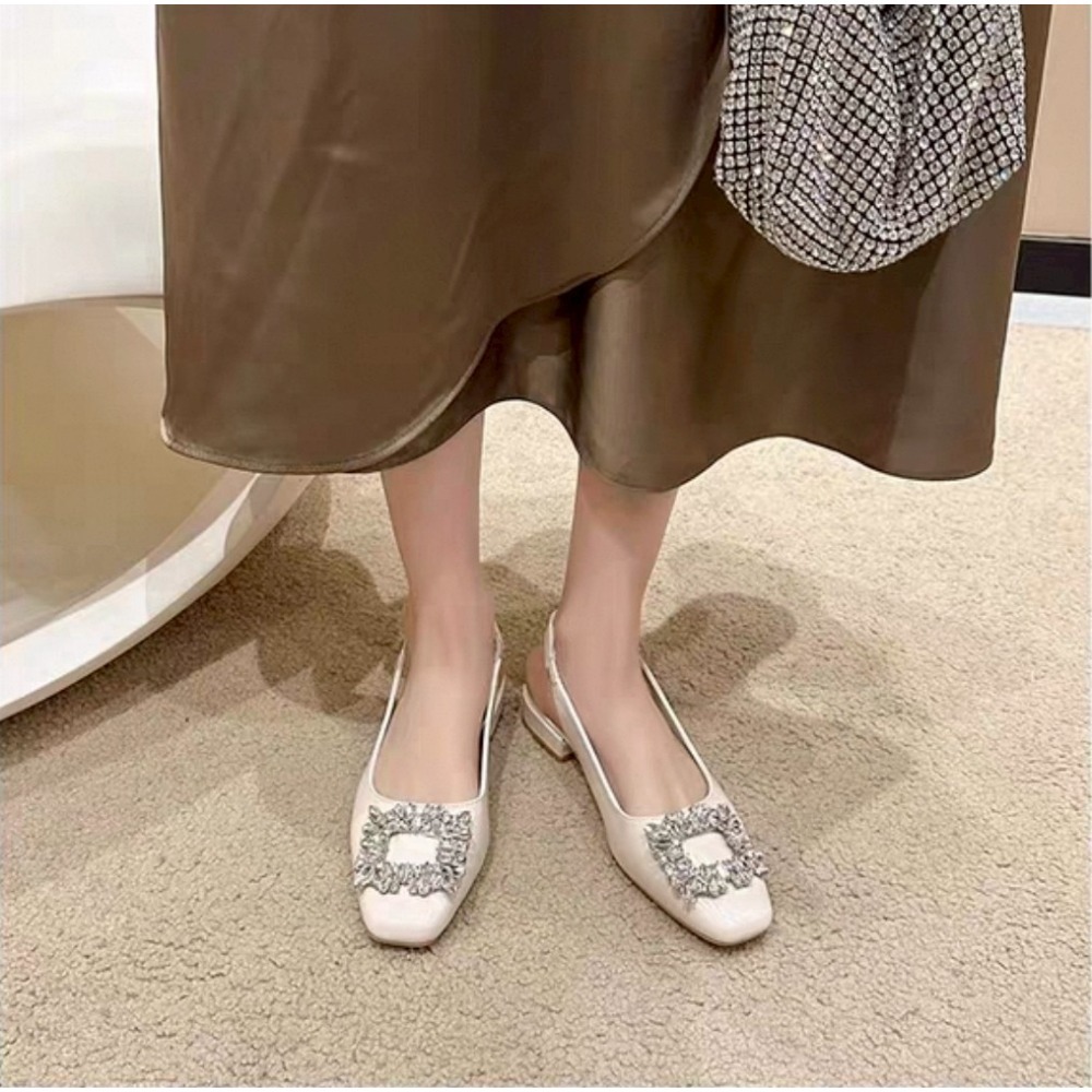 水鑽 方頭 後空 低跟 平底 娃娃鞋 女鞋 優雅 法式 約會 百搭 OL 通勤 晚宴 亮面 宴會 微增高 9539A-細節圖3