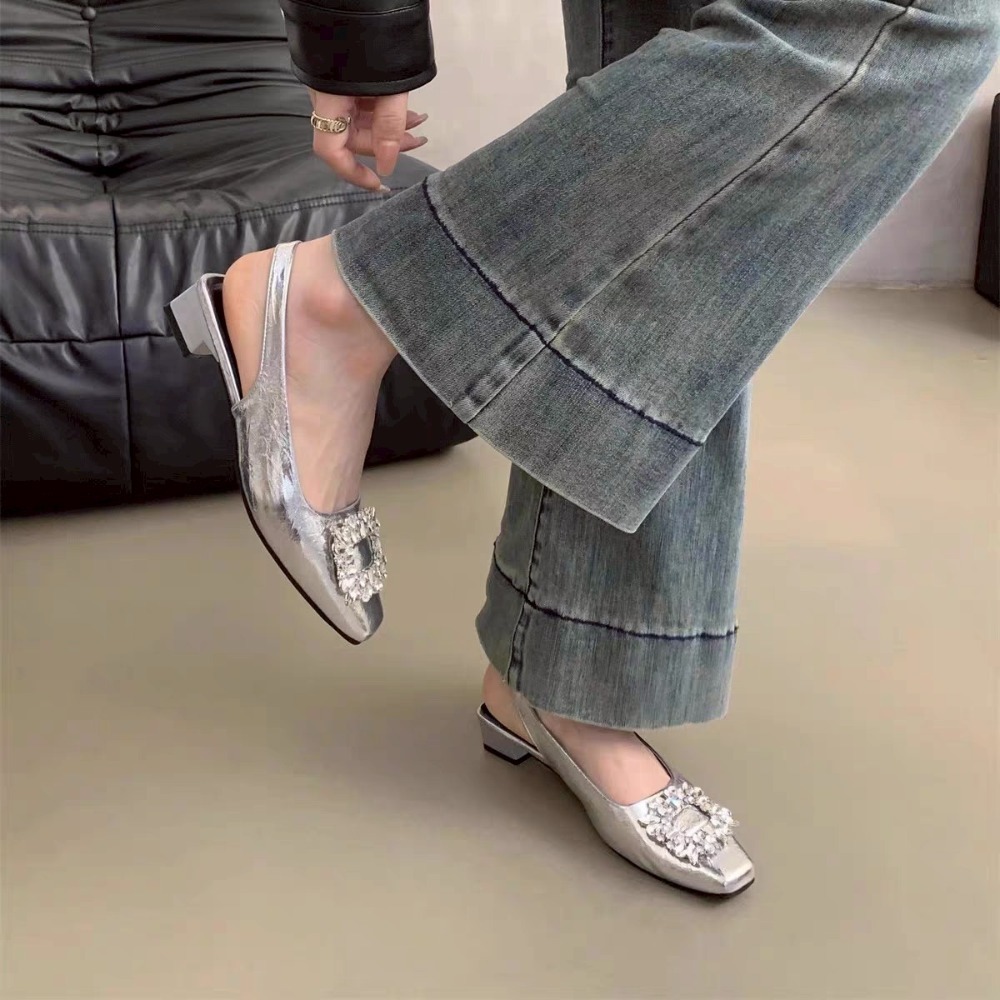 水鑽 方頭 後空 低跟 平底 娃娃鞋 女鞋 優雅 法式 約會 百搭 OL 通勤 晚宴 亮面 宴會 微增高 9539A-細節圖6