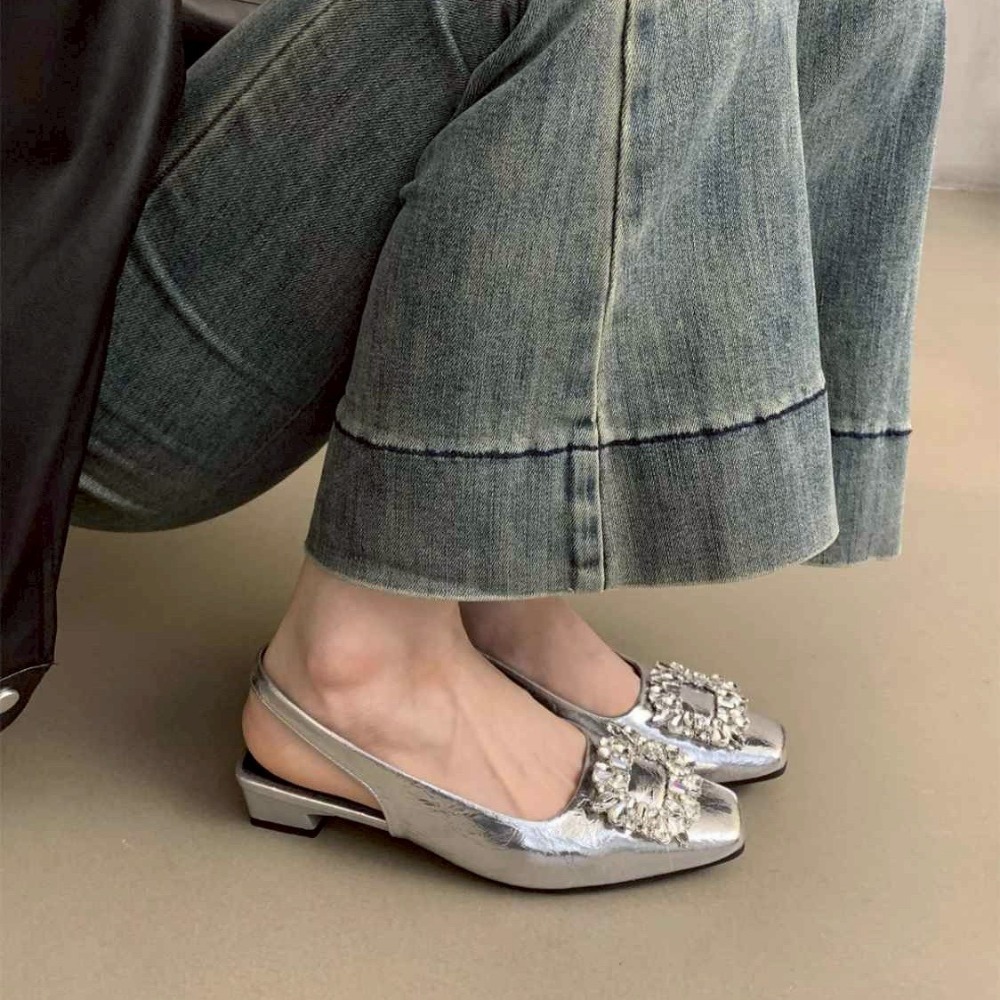 水鑽 方頭 後空 低跟 平底 娃娃鞋 女鞋 優雅 法式 約會 百搭 OL 通勤 晚宴 亮面 宴會 微增高 9539A-細節圖7