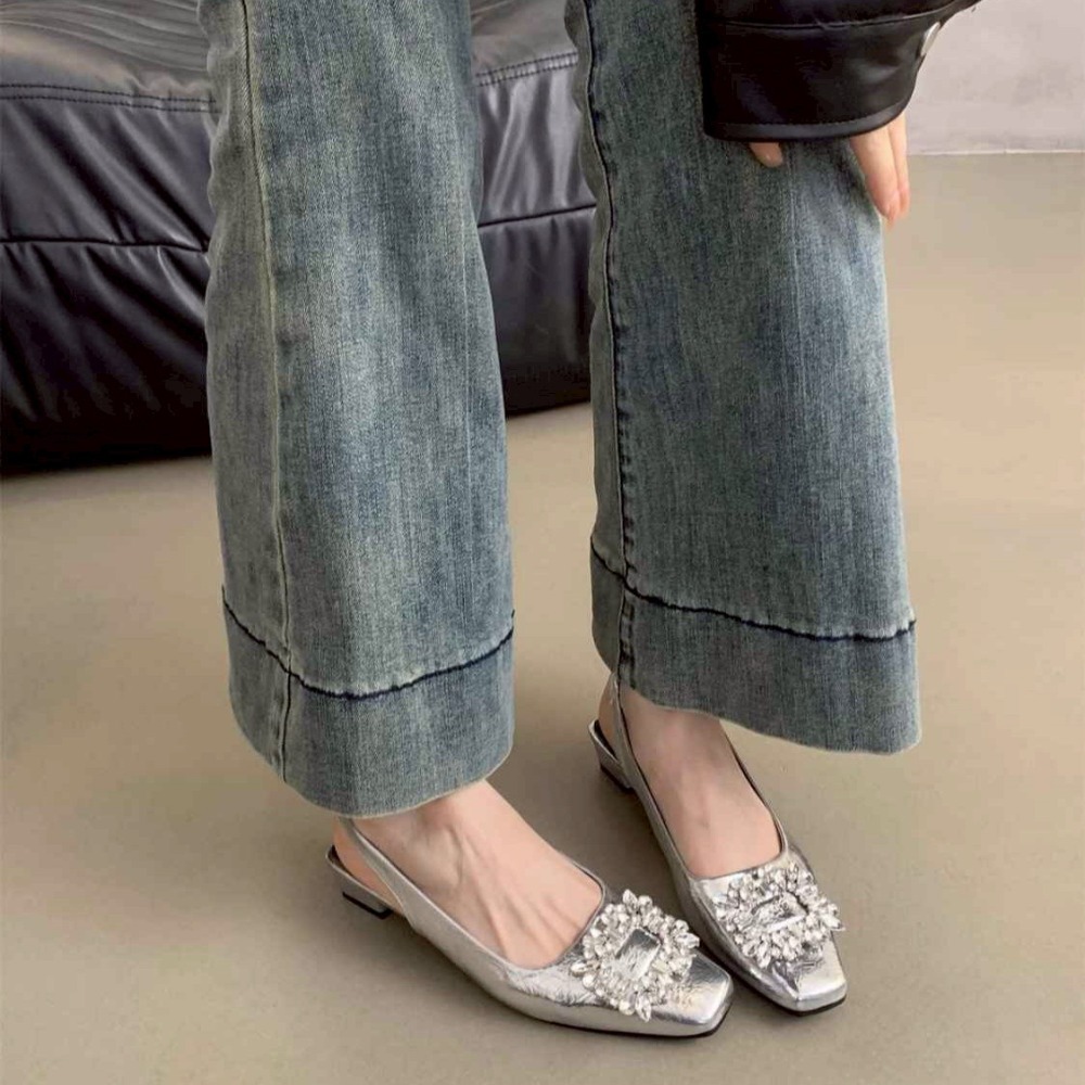 水鑽 方頭 後空 低跟 平底 娃娃鞋 女鞋 優雅 法式 約會 百搭 OL 通勤 晚宴 亮面 宴會 微增高 9539A-細節圖8