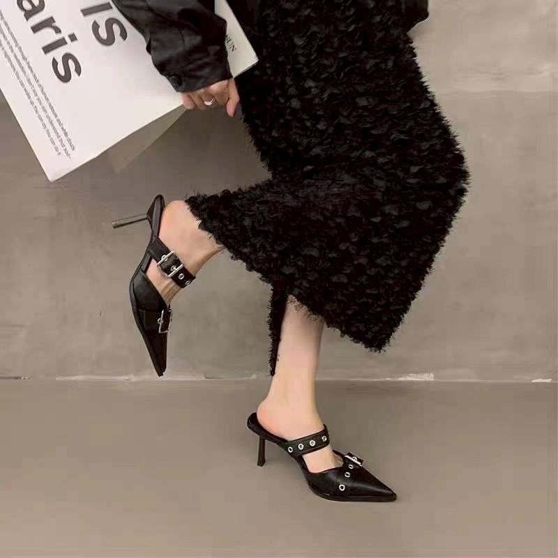 尖頭 穆勒鞋 貓跟 減壓 露跟 一字帶 鉚釘 金屬光 時尚 百搭 約會 OL 韓系 ins風 增高 休閒 潮流G9305-細節圖4