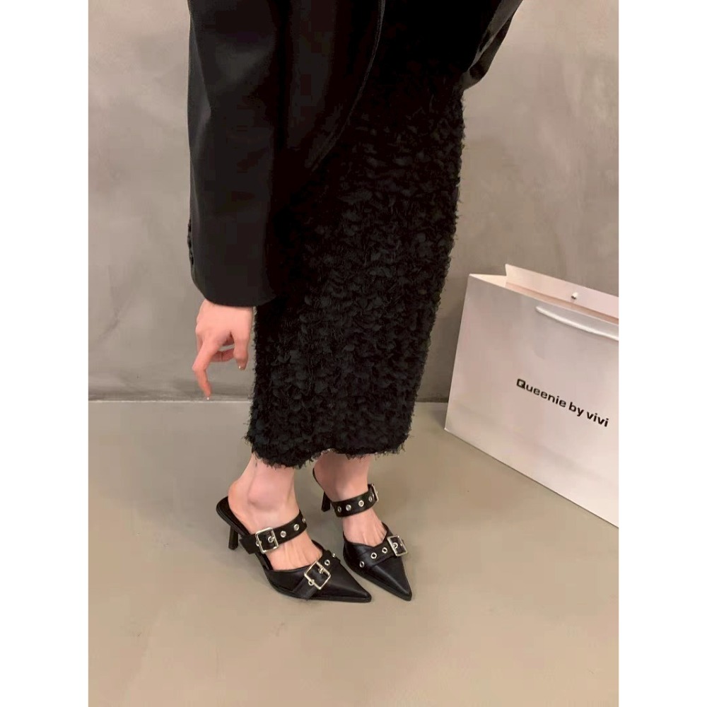 尖頭 穆勒鞋 貓跟 減壓 露跟 一字帶 鉚釘 金屬光 時尚 百搭 約會 OL 韓系 ins風 增高 休閒 潮流G9305-細節圖5