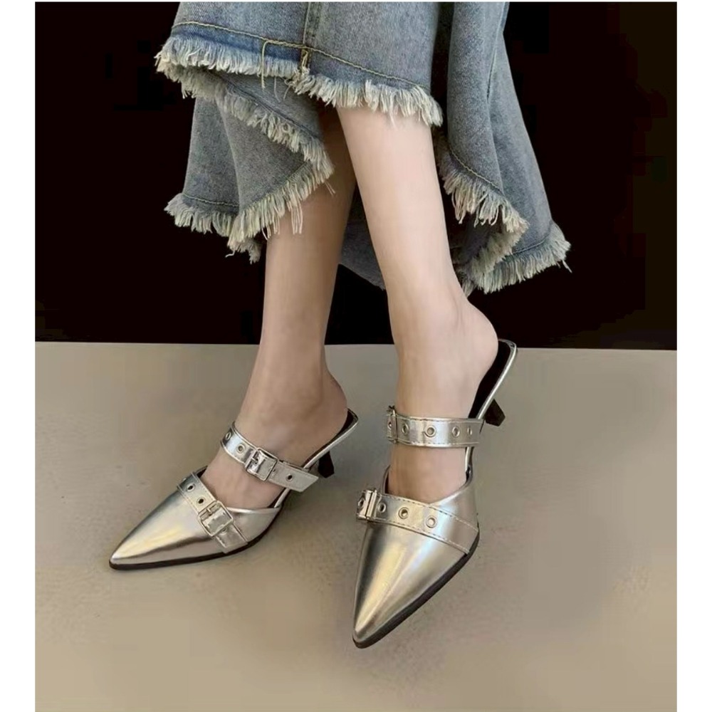 尖頭 穆勒鞋 貓跟 減壓 露跟 一字帶 鉚釘 金屬光 時尚 百搭 約會 OL 韓系 ins風 增高 休閒 潮流G9305-細節圖11