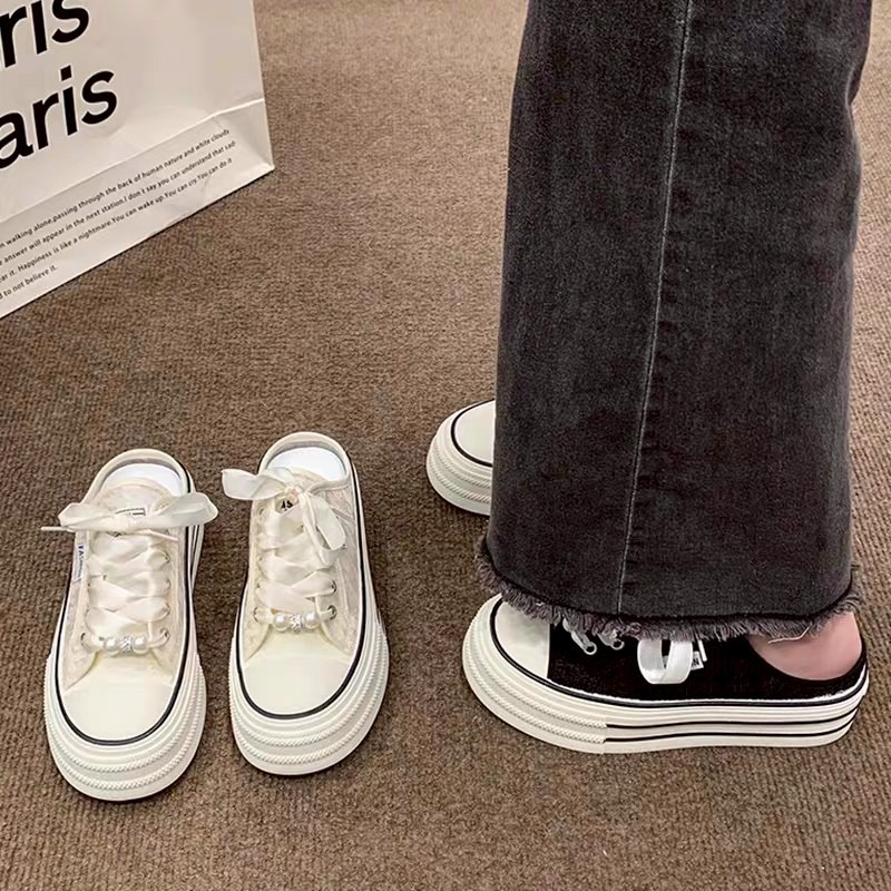 厚底 增高 松糕 小白鞋 板鞋 帆布 珍珠 緞帶 女鞋 ins風 韓系 百搭 休閒 軟底 耐磨 學生 透氣G1398-細節圖2