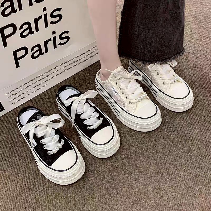 厚底 增高 松糕 小白鞋 板鞋 帆布 珍珠 緞帶 女鞋 ins風 韓系 百搭 休閒 軟底 耐磨 學生 透氣G1398-細節圖3