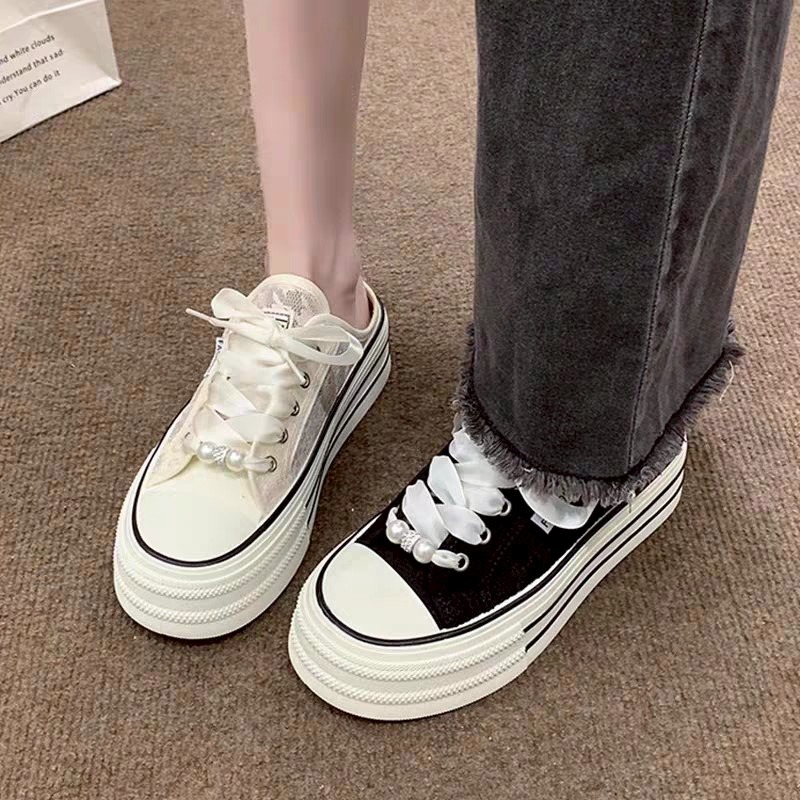 厚底 增高 松糕 小白鞋 板鞋 帆布 珍珠 緞帶 女鞋 ins風 韓系 百搭 休閒 軟底 耐磨 學生 透氣G1398-細節圖4