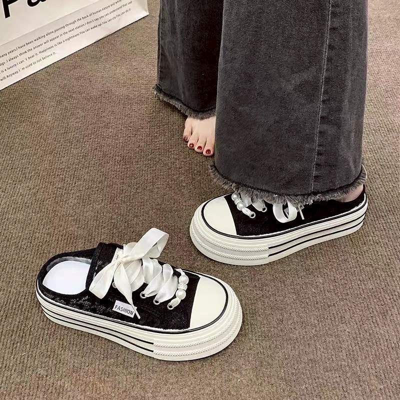 厚底 增高 松糕 小白鞋 板鞋 帆布 珍珠 緞帶 女鞋 ins風 韓系 百搭 休閒 軟底 耐磨 學生 透氣G1398-細節圖6