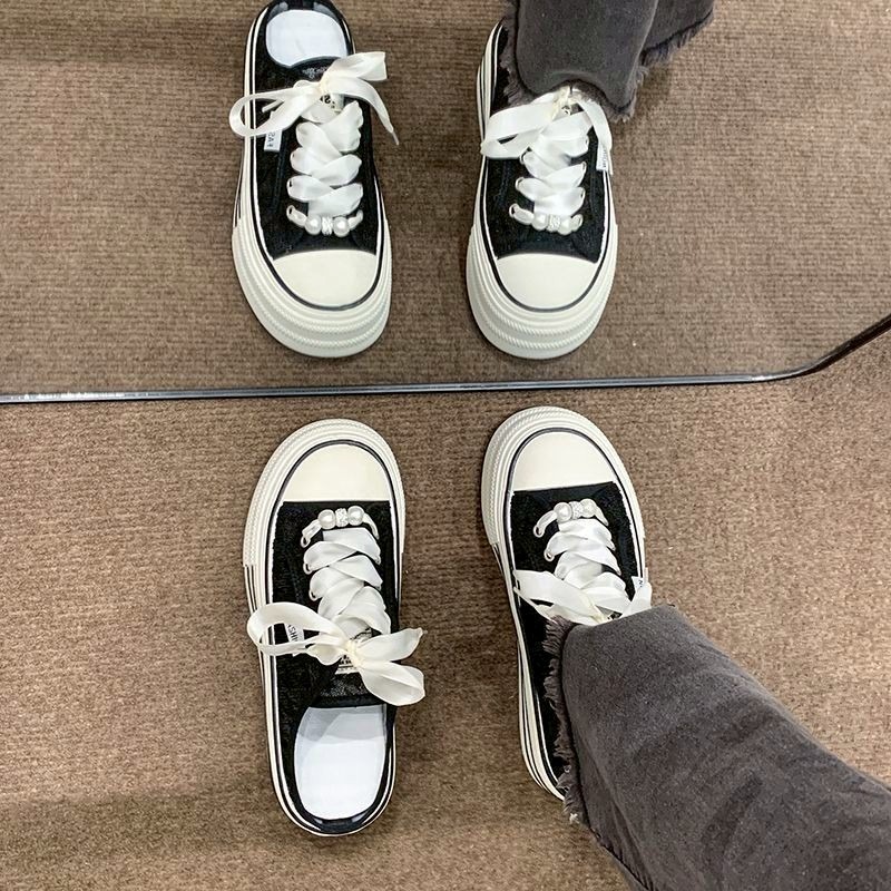 厚底 增高 松糕 小白鞋 板鞋 帆布 珍珠 緞帶 女鞋 ins風 韓系 百搭 休閒 軟底 耐磨 學生 透氣G1398-細節圖7