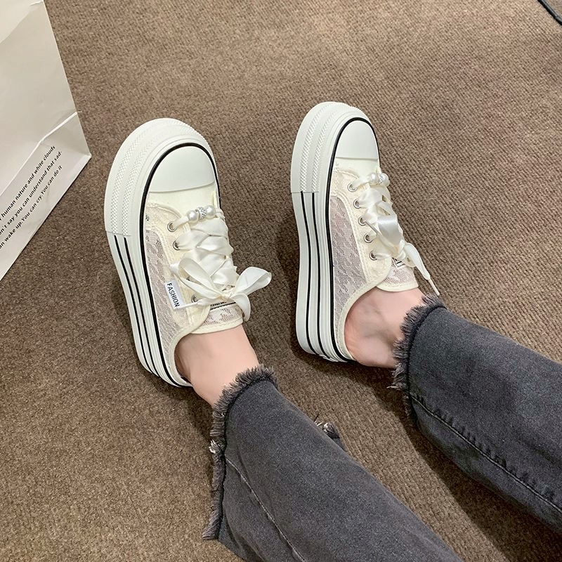 厚底 增高 松糕 小白鞋 板鞋 帆布 珍珠 緞帶 女鞋 ins風 韓系 百搭 休閒 軟底 耐磨 學生 透氣G1398-細節圖8