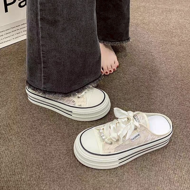 厚底 增高 松糕 小白鞋 板鞋 帆布 珍珠 緞帶 女鞋 ins風 韓系 百搭 休閒 軟底 耐磨 學生 透氣G1398-細節圖9