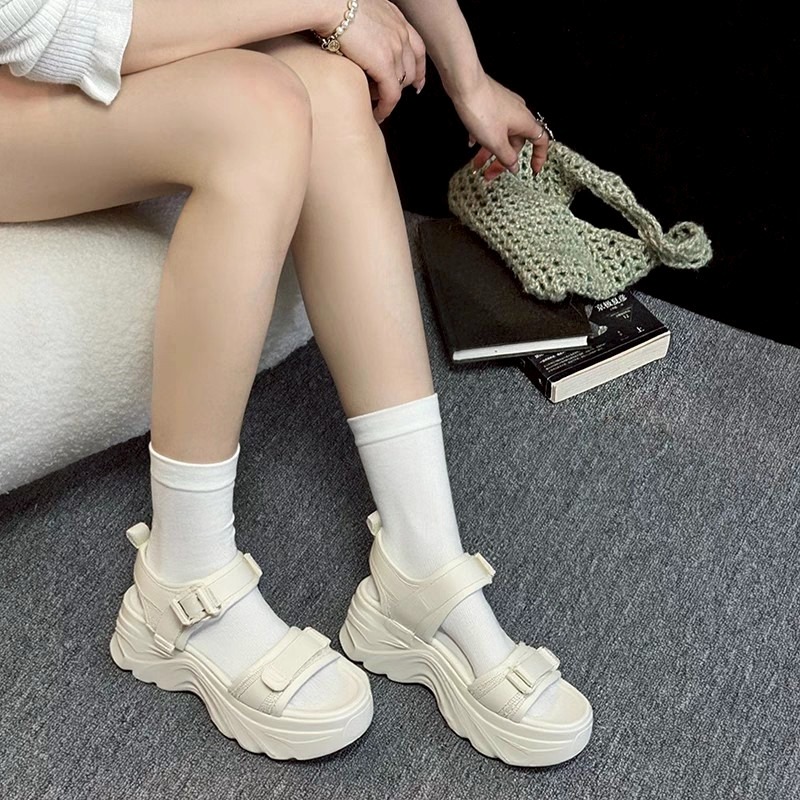 厚底 增高 波浪底 松糕 涼鞋 魔鬼氈 雙帶 後帶 防滑 軟底 休閒 百搭 女鞋 ins風 韓系 潮流 沙灘鞋G1398-細節圖2