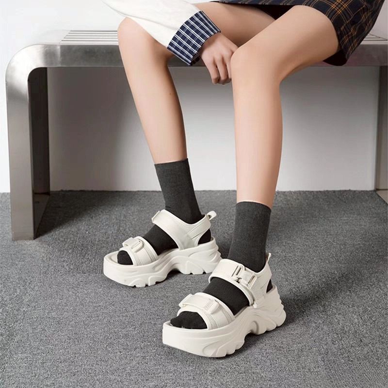 厚底 增高 波浪底 松糕 涼鞋 魔鬼氈 雙帶 後帶 防滑 軟底 休閒 百搭 女鞋 ins風 韓系 潮流 沙灘鞋G1398-細節圖5