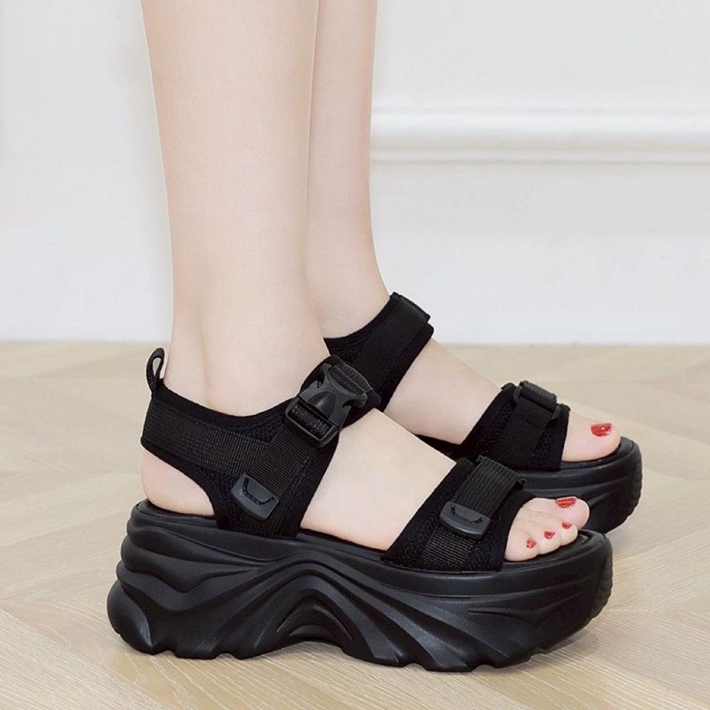 厚底 增高 波浪底 松糕 涼鞋 魔鬼氈 雙帶 後帶 防滑 軟底 休閒 百搭 女鞋 ins風 韓系 潮流 沙灘鞋G1398-細節圖10