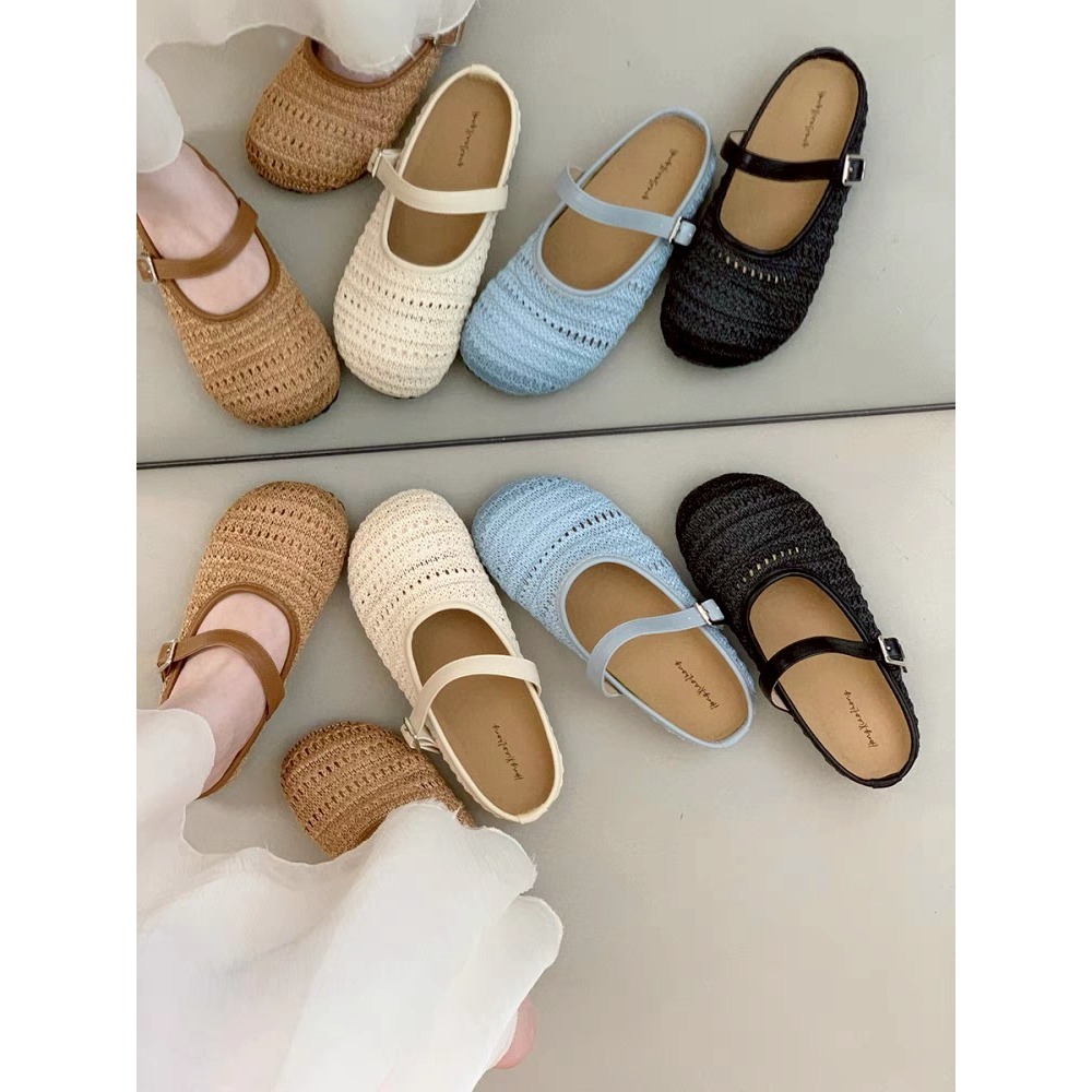 編織 瑪莉珍 鏤空 平底 軟底 透氣 女鞋 ins風 韓系 小香風 小眾 百搭 休閒 夏季 奶油色 草編 甜美G7858-細節圖2