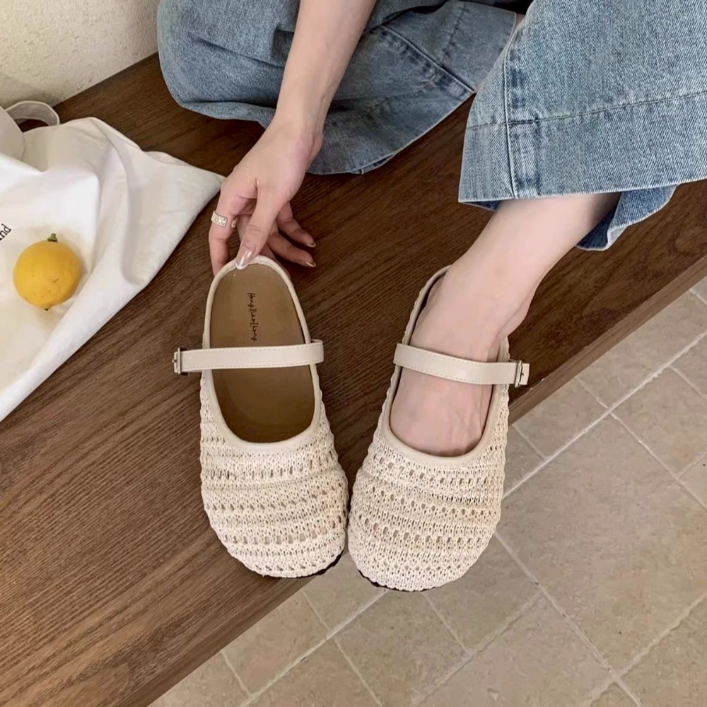 編織 瑪莉珍 鏤空 平底 軟底 透氣 女鞋 ins風 韓系 小香風 小眾 百搭 休閒 夏季 奶油色 草編 甜美G7858-細節圖4