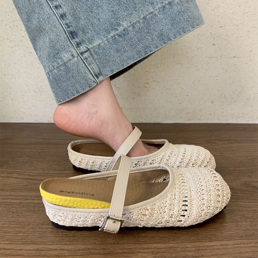 編織 瑪莉珍 鏤空 平底 軟底 透氣 女鞋 ins風 韓系 小香風 小眾 百搭 休閒 夏季 奶油色 草編 甜美G7858-細節圖5