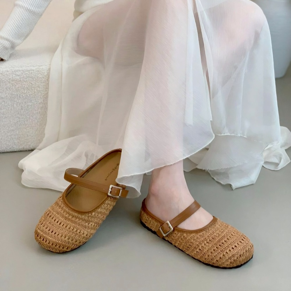 編織 瑪莉珍 鏤空 平底 軟底 透氣 女鞋 ins風 韓系 小香風 小眾 百搭 休閒 夏季 奶油色 草編 甜美G7858-細節圖6