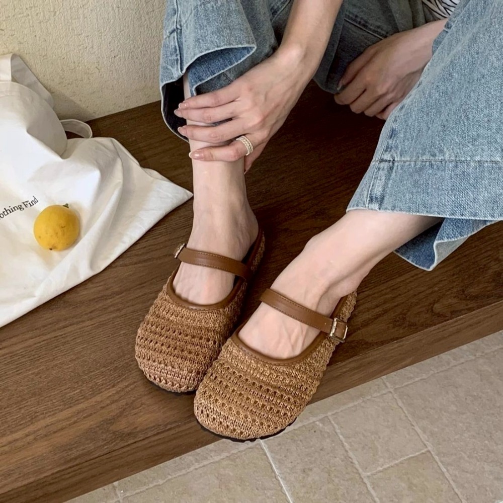 編織 瑪莉珍 鏤空 平底 軟底 透氣 女鞋 ins風 韓系 小香風 小眾 百搭 休閒 夏季 奶油色 草編 甜美G7858-細節圖7