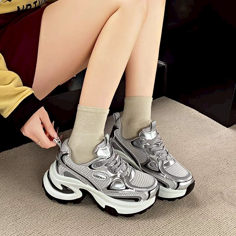 老爹鞋 女 銀色 增高 厚底 顯瘦 運動鞋 透氣 潮鞋 百搭 穿搭神器 太空感 網布 軟底舒適 情侶鞋  G5760-細節圖3