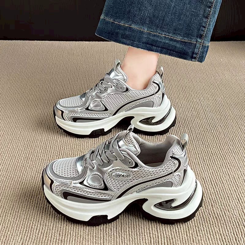 老爹鞋 女 銀色 增高 厚底 顯瘦 運動鞋 透氣 潮鞋 百搭 穿搭神器 太空感 網布 軟底舒適 情侶鞋  G5760-細節圖4