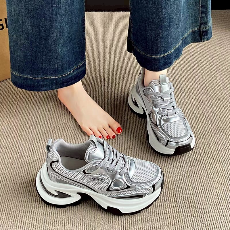 老爹鞋 女 銀色 增高 厚底 顯瘦 運動鞋 透氣 潮鞋 百搭 穿搭神器 太空感 網布 軟底舒適 情侶鞋  G5760-細節圖5