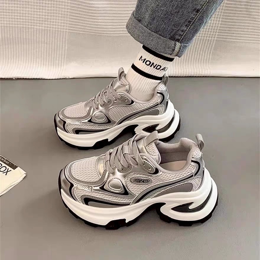 老爹鞋 女 銀色 增高 厚底 顯瘦 運動鞋 透氣 潮鞋 百搭 穿搭神器 太空感 網布 軟底舒適 情侶鞋  G5760-細節圖6