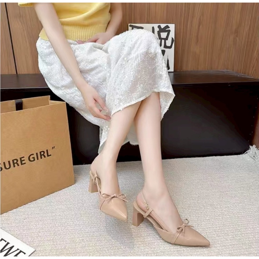 尖頭粗跟鞋 女 奶油白 高跟涼鞋 蝴蝶結鞋 OL通勤鞋 約會鞋 女神穿搭 百搭高跟鞋 淑女小香風 穩跟鞋 G2090-細節圖7