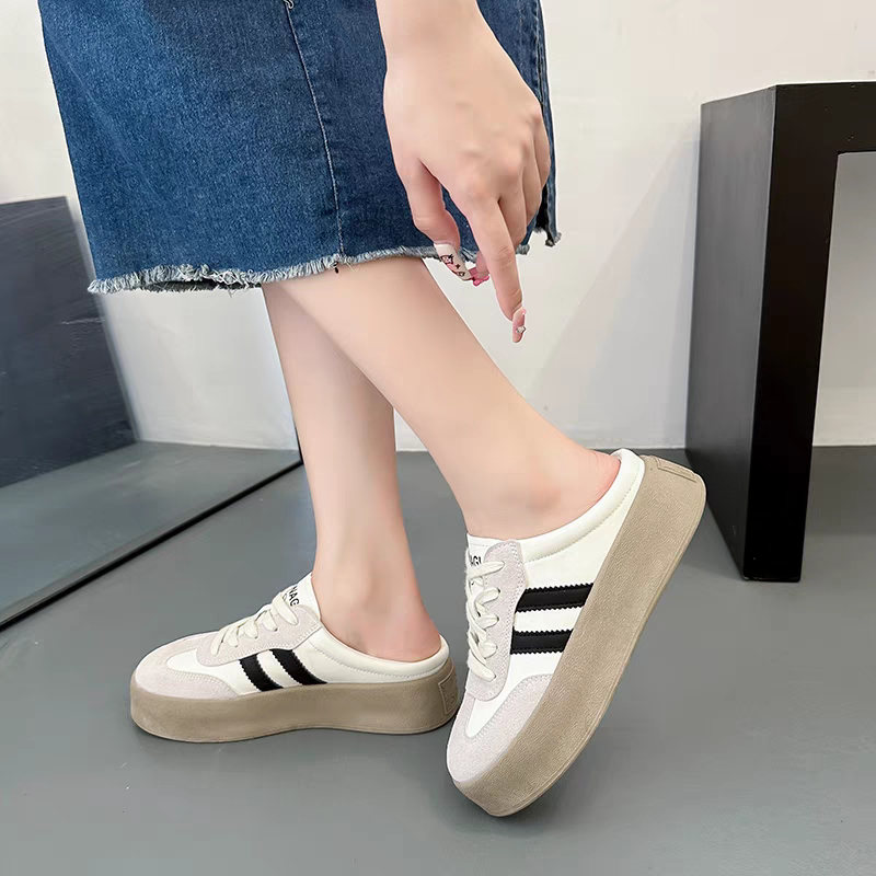 大尺碼42 懶人帆布鞋 女穆勒鞋 厚底小白鞋 增高拖鞋 韓系百搭潮鞋 學生鞋 軟底休閒懶人鞋 運動風涼拖 透氣好走-細節圖4