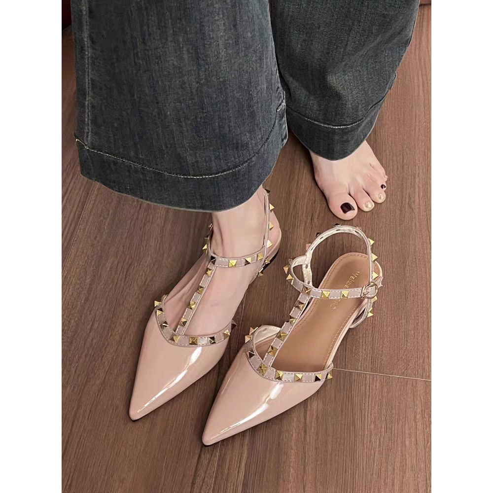 鉚釘尖頭涼鞋 小香風 粗跟鞋 氣質女鞋 通勤百搭涼鞋 韓系設計感跟鞋 1172-細節圖5