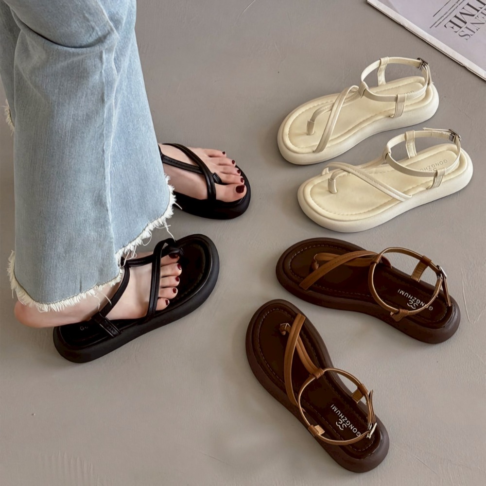 韓國東大門 厚底夾腳涼鞋 平底涼拖鞋 細帶 休閒 彈性 橡膠大底防滑 楔型 交叉涼鞋 羅馬鞋 舒適軟Q 517-細節圖2