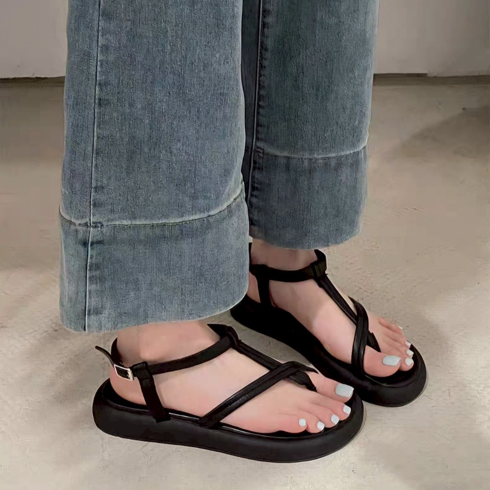 韓國東大門 厚底夾腳涼鞋 平底涼拖鞋 細帶 休閒 彈性 橡膠大底防滑 楔型 交叉涼鞋 羅馬鞋 舒適軟Q 517-細節圖4