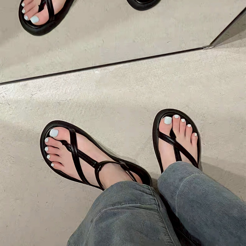 韓國東大門 厚底夾腳涼鞋 平底涼拖鞋 細帶 休閒 彈性 橡膠大底防滑 楔型 交叉涼鞋 羅馬鞋 舒適軟Q 517-細節圖5