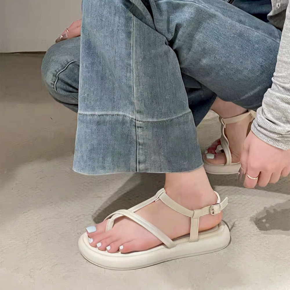 韓國東大門 厚底夾腳涼鞋 平底涼拖鞋 細帶 休閒 彈性 橡膠大底防滑 楔型 交叉涼鞋 羅馬鞋 舒適軟Q 517-細節圖6