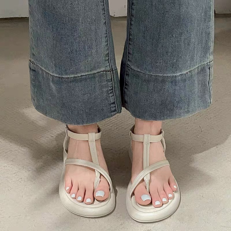 韓國東大門 厚底夾腳涼鞋 平底涼拖鞋 細帶 休閒 彈性 橡膠大底防滑 楔型 交叉涼鞋 羅馬鞋 舒適軟Q 517-細節圖7