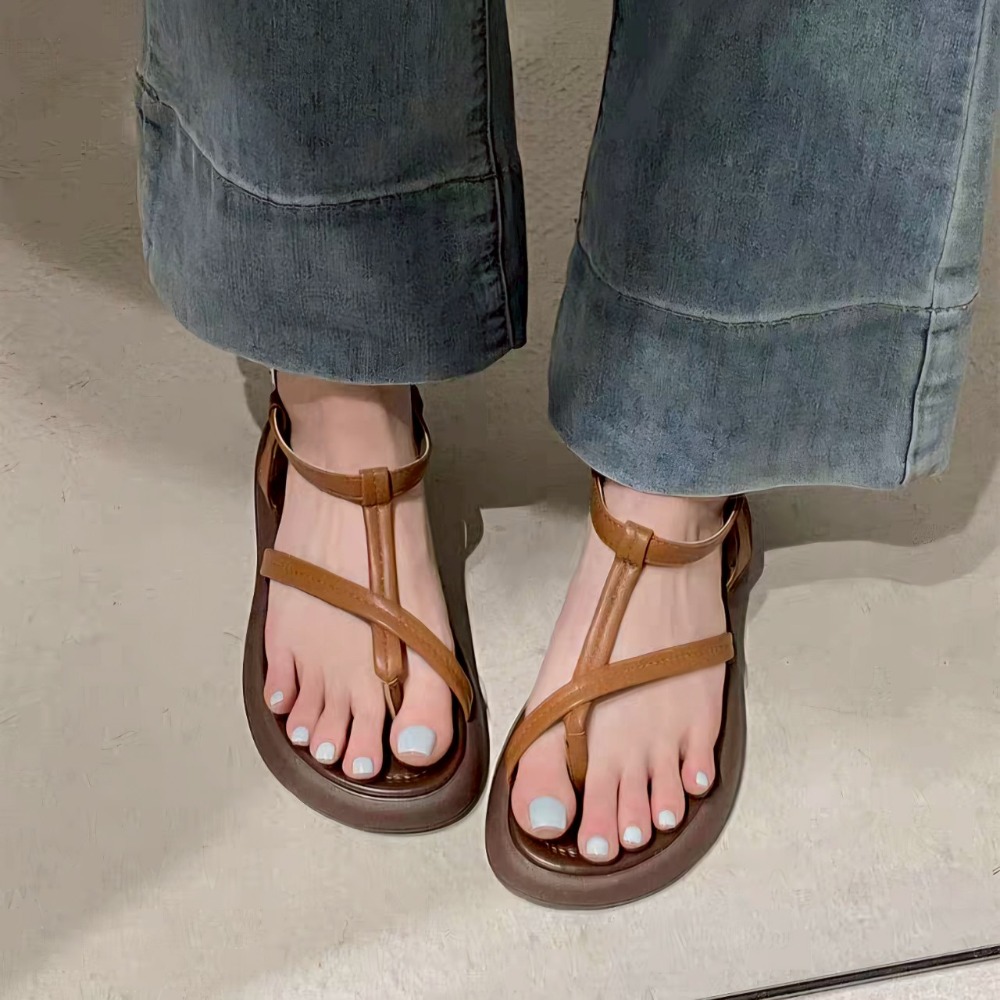 韓國東大門 厚底夾腳涼鞋 平底涼拖鞋 細帶 休閒 彈性 橡膠大底防滑 楔型 交叉涼鞋 羅馬鞋 舒適軟Q 517-細節圖8