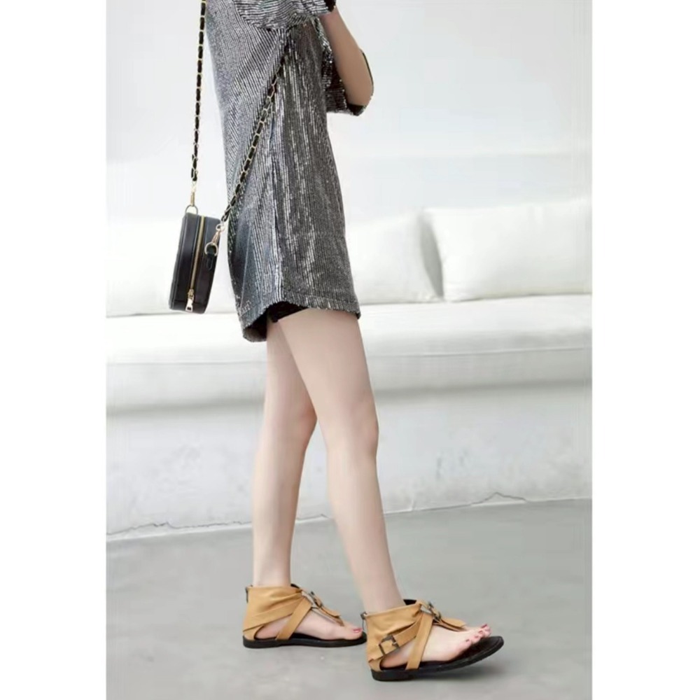 羅馬涼鞋 女生涼鞋 個性涼鞋 T字涼鞋 後拉鍊 涼鞋 黑色 棕色 夏季新款 懶人鞋 輕量舒適 百搭涼鞋 平底鞋 967A-細節圖6