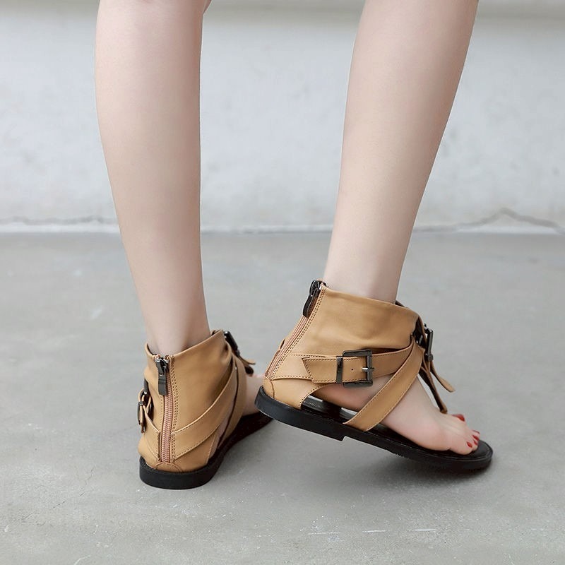 羅馬涼鞋 女生涼鞋 個性涼鞋 T字涼鞋 後拉鍊 涼鞋 黑色 棕色 夏季新款 懶人鞋 輕量舒適 百搭涼鞋 平底鞋 967A-細節圖8