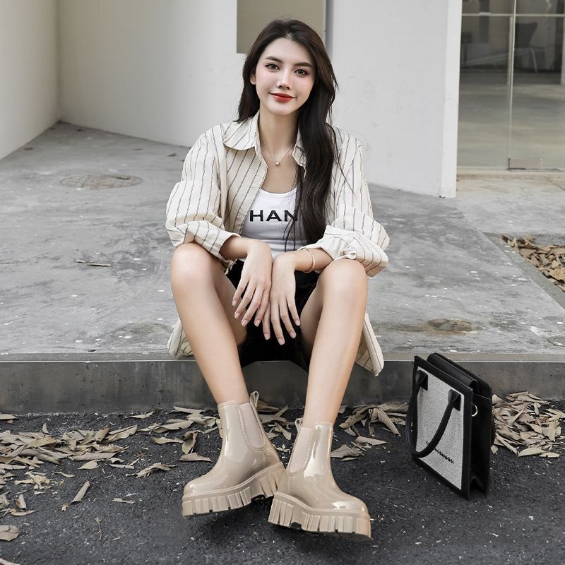 防水雨靴 厚底雨鞋 切爾西靴 女雨鞋 短靴 雨靴 防滑雨靴 一體成型雨鞋 光面靴 黑色雨靴 奶茶色靴 女短靴 AC999-細節圖7