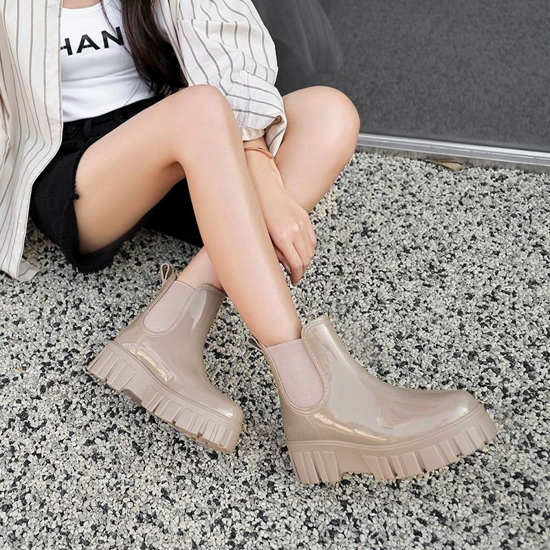 防水雨靴 厚底雨鞋 切爾西靴 女雨鞋 短靴 雨靴 防滑雨靴 一體成型雨鞋 光面靴 黑色雨靴 奶茶色靴 女短靴 AC999-細節圖8