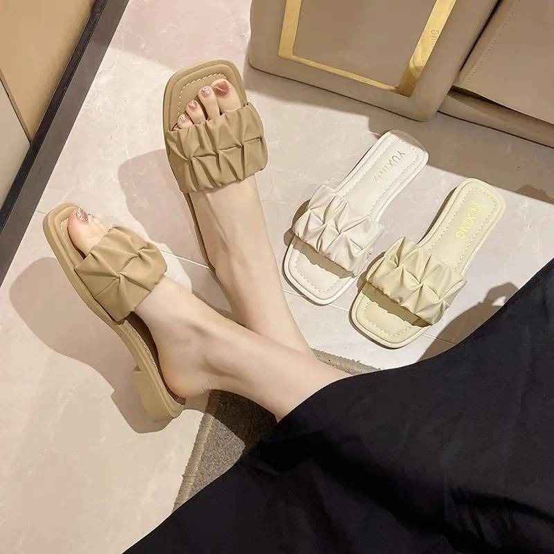 抓皺涼拖鞋 女生涼鞋 夏季涼鞋 平底拖鞋 防滑涼鞋 休閒女鞋 百搭女涼鞋 舒適涼鞋 輕盈涼鞋 外出鞋 夏日鞋款G1075-細節圖2