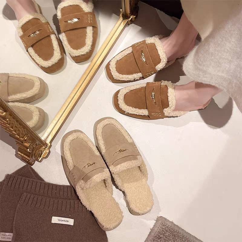 毛絨樂福拖鞋 秋冬保暖鞋 女生厚底拖鞋 內刷毛拖鞋 一腳蹬懶人鞋 室內外兩穿鞋 柔軟防滑鞋 G255-細節圖2